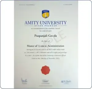 Amity University Online MBA Certificate Sample