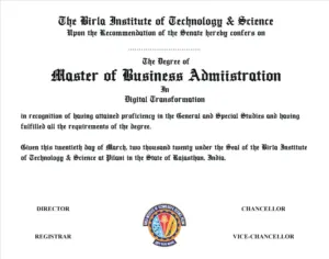 BITS Pilani WILP MBA Degree Sample