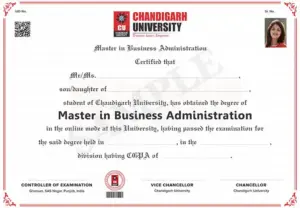 Chandigarh University Online MBA Degree certificate Sample
