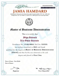 Jamia Hamdard Online MBA Degree Sample
