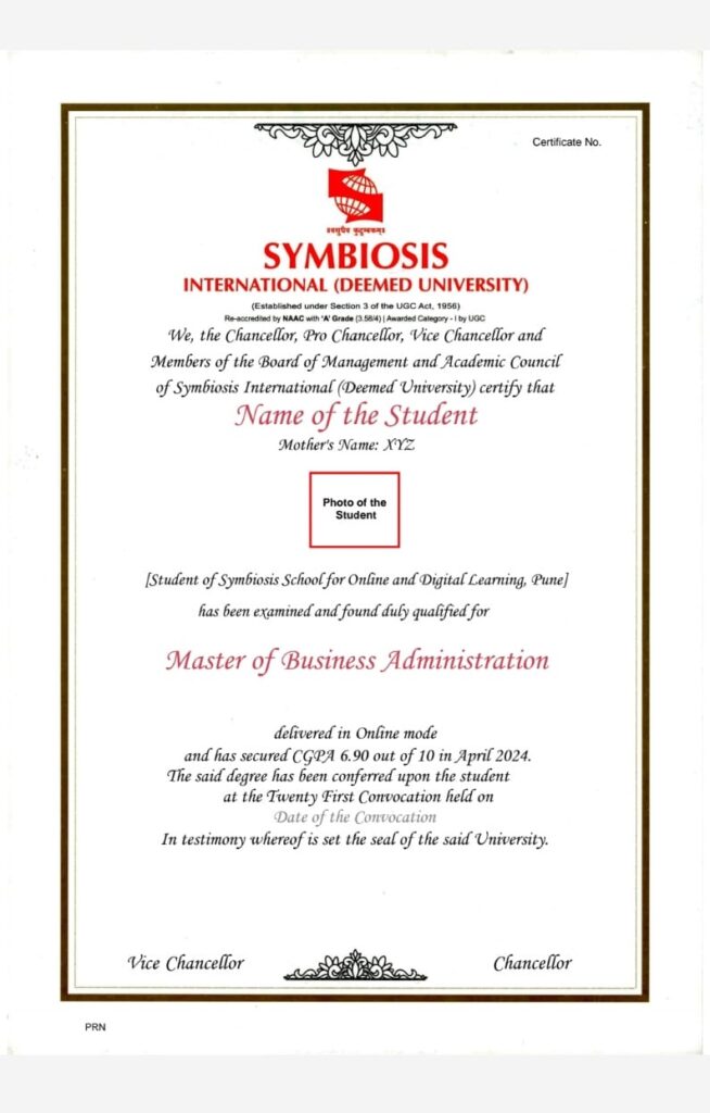 Symbiosis Online MBA Degree Certificate Sample
