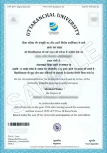 Uttaranchal University Online MBA Degree Certificate Sample