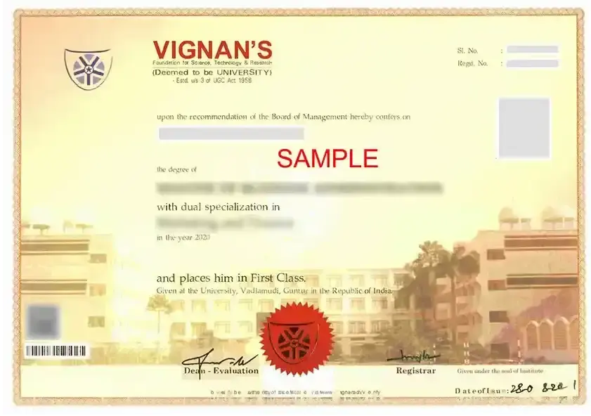 vignan university Online mba degree certificate sample