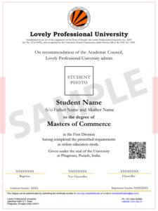 LPU Online MCom Degree Certificate Sample