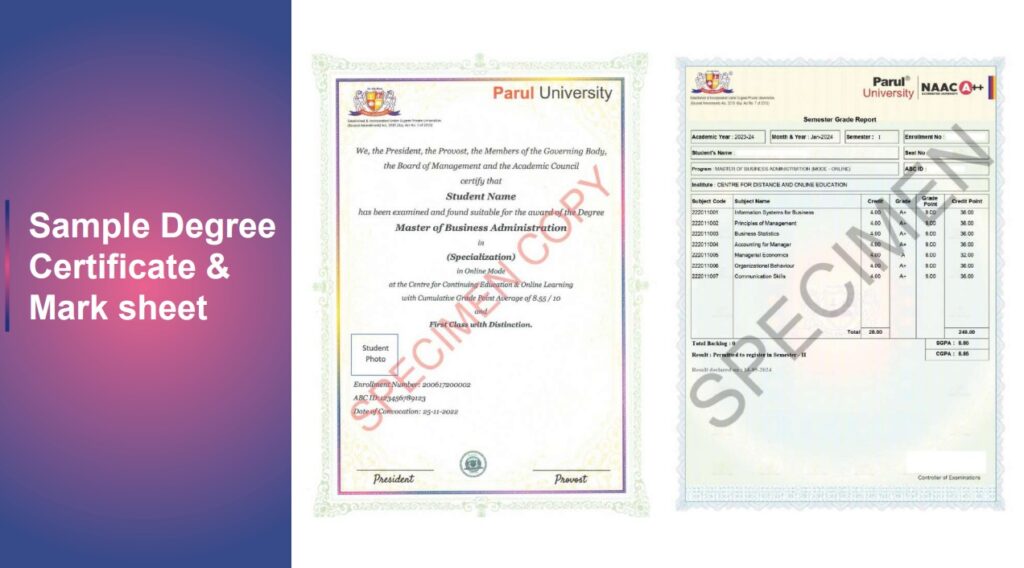 Parul University Online MBA Certificate Sample